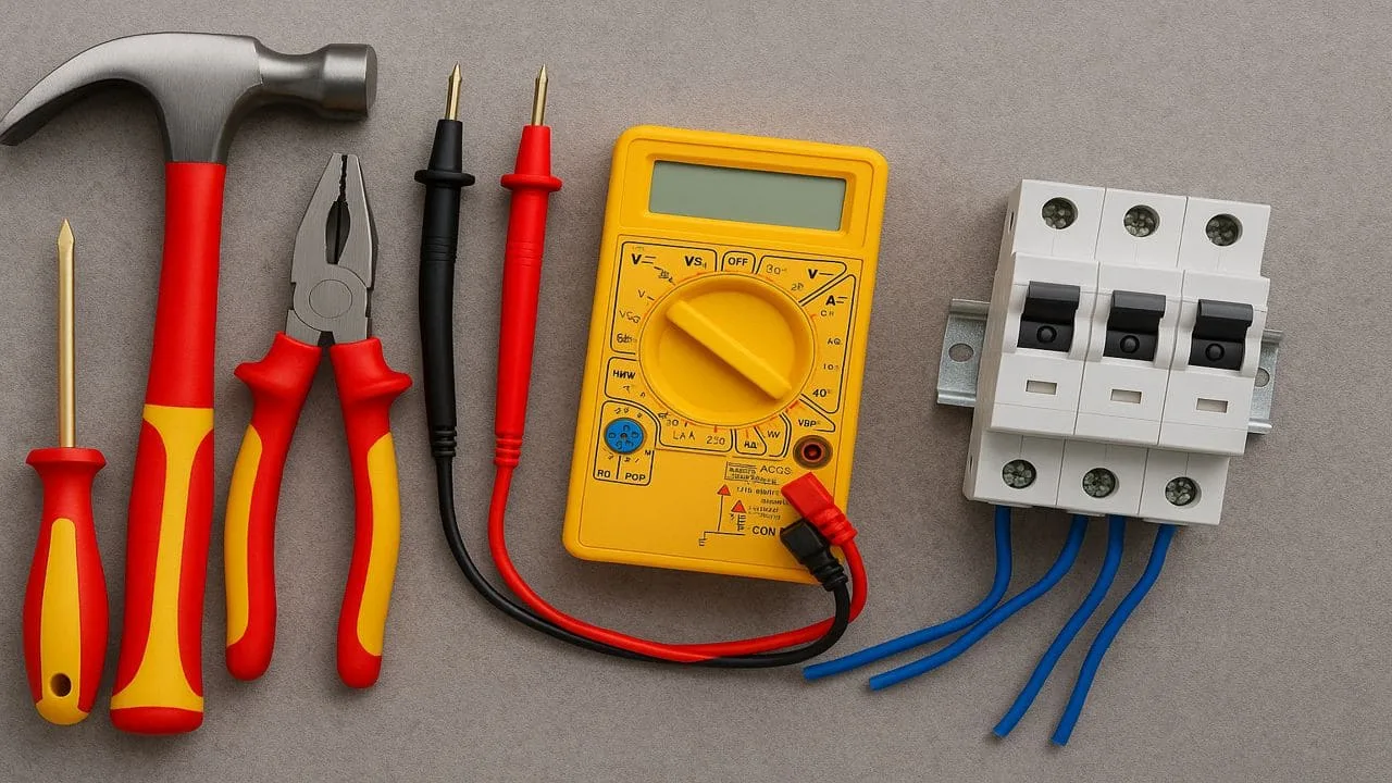 Outillage d’électricien avec multimètre, tournevis isolés et disjoncteurs